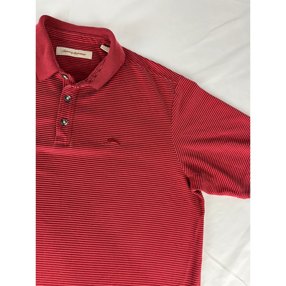 Tommy Bahama Red Striped Polo Shirt Medium Short Sleeve Casual‎